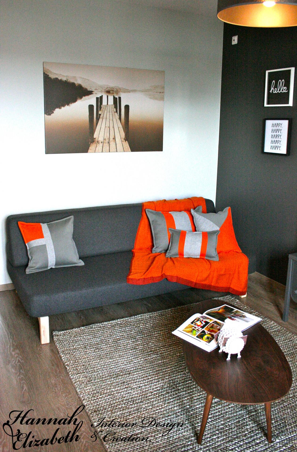 Salon gris et orange parquet et cadres