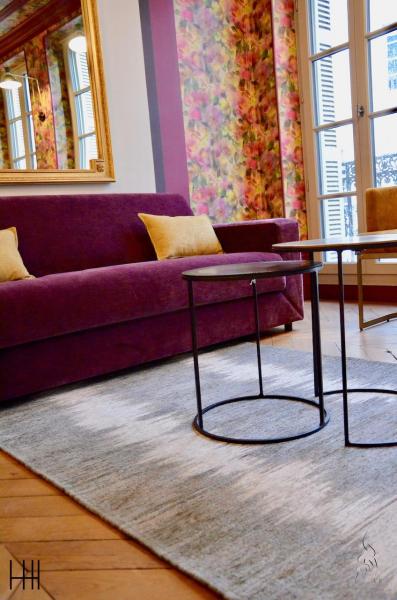 Salon tapis gris parquet canape violet hannah elizabeth interior design